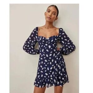 Reformation Navy and White Long Sleeve Dress